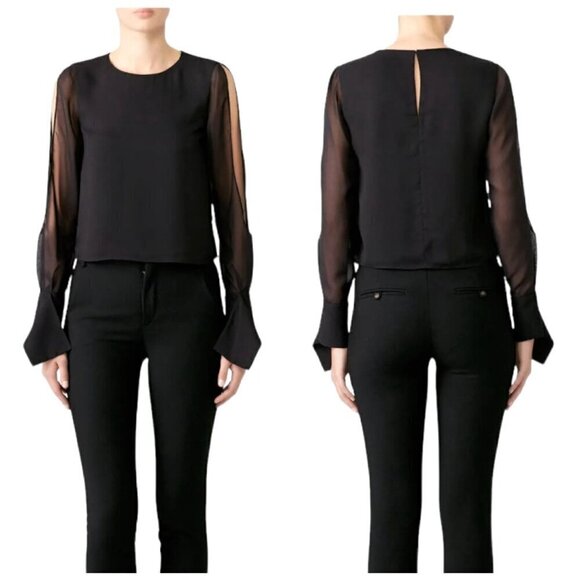 Ramy Brook Shirt Womens Extra Small Black Crepe Crew Neck Slit Sleeves Addy Top - Picture 1 of 11
